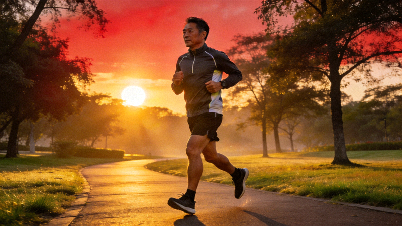 一位中年跑者在公园晨跑，背景是日出